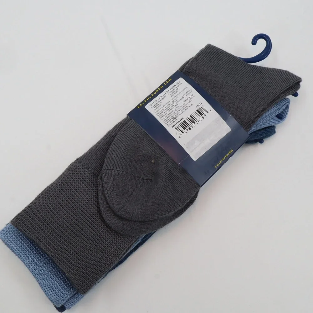 Polo Ralph Lauren Crew Socks Mens 10-13 Blue Grey 3‎ Pack Embroidered Pony Logo